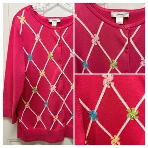 CJ Banks Pink Floral Diamond-Grid Button Cardigan Sweater